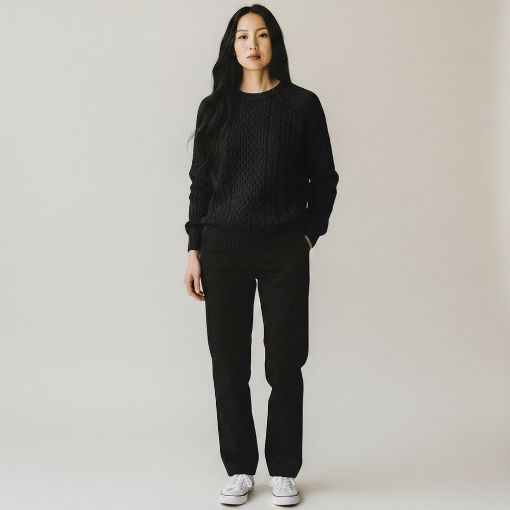 Gap Sweater M Black Cable Knit Cotton Raglan Crewneck Transitional Cozy Fall